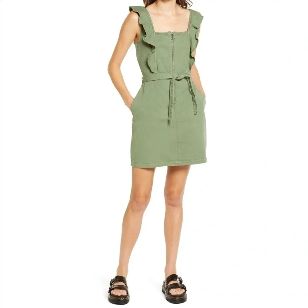 LOVE FIRE | RUFFLE OLIVE  DENIM ZIP UP DRESS